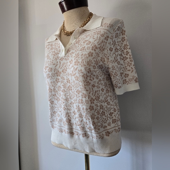 GEMMA + JANE Floral Jaquard Sweater Polo Top in White and Sand. Size Small - Picture 3 of 11